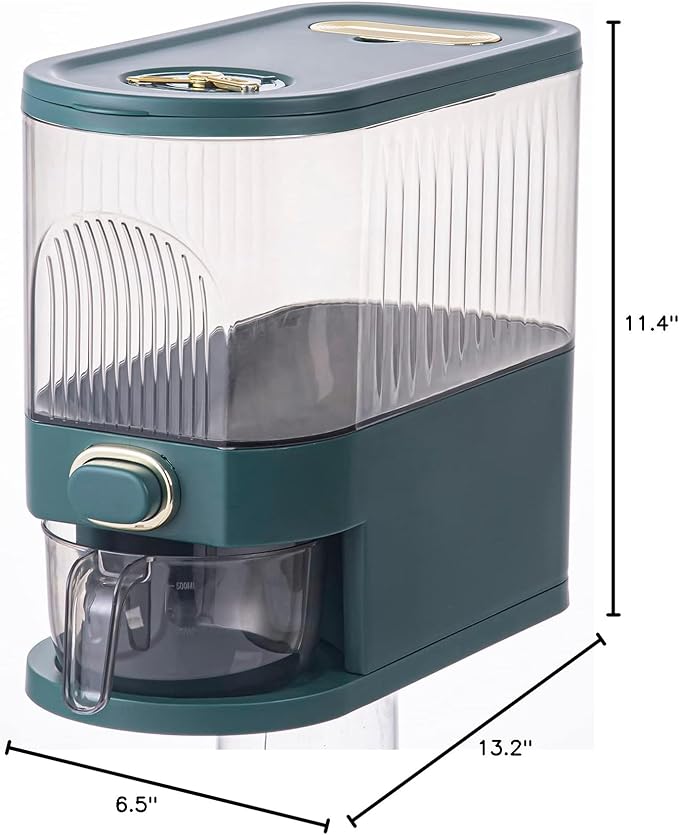 Sooyee 11 Lbs Rice Dispenser, Large Grain Container Storage with Lid Measuring Cylinder Moisture Proof Household Cereal Dispenser Bucket for Kitchen Soybean Corn,Clear and Green