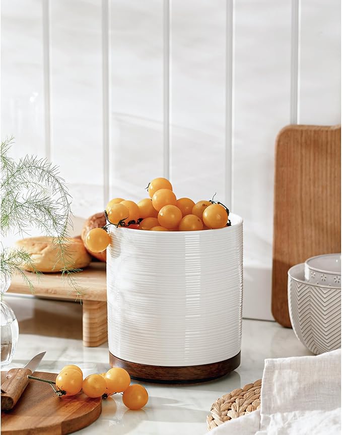 Utensil Holder, 360° Rotating Extra Large Ceramic Kitchen Utensil Holder for Countertop, 7.3“ Cooking Utensil Crocks for Kitchen Counter with Rotatable Wooden Base, Farmhouse Decor, White