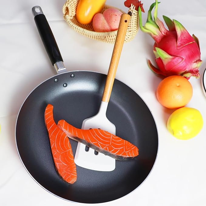 2Pcs Silicone Spatula Set Turner Heat Resistant for Nonstick Cookware Rubber Wok Spatula Turner with Wood Handle, Plastic Spatula Silicone for Cooking Use Kitchen Utensils Set White