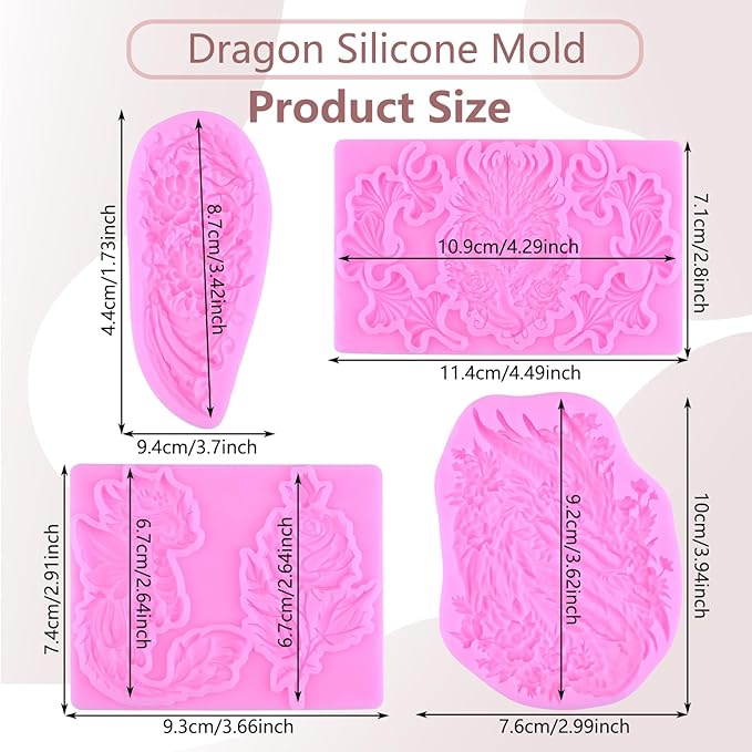 Dragon Silicone Molds Dragon Fondant Candy Chocolate Mold For Cake Decoration Cupcake Topper Polymer Clay Gum Paste Set Of 4
