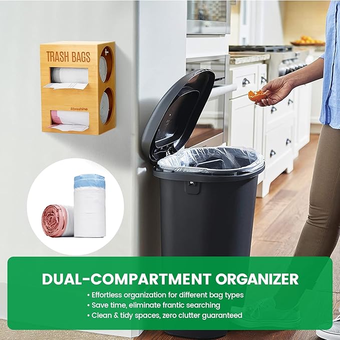 Extra Large Bamboo 2-in-1 Trash Bag Dispenser & Roll Holder – Fits Costco Kirkland & Members Mark Jumbo Rolls, Wall/Under-Sink/Cabinet Mountable, Dual-Slot Storage for 2 Rolls