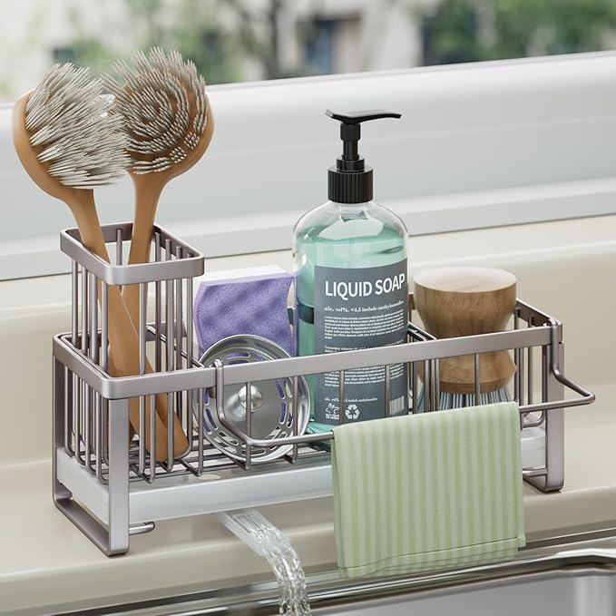 HapiRm Sponge Holder for Kitchen Sink - Self-draining Sink Caddy with Brush Holder and Dishcloth Holder, Stainless Steel Kitchen Organizer for Countertop - Brushed Nickel