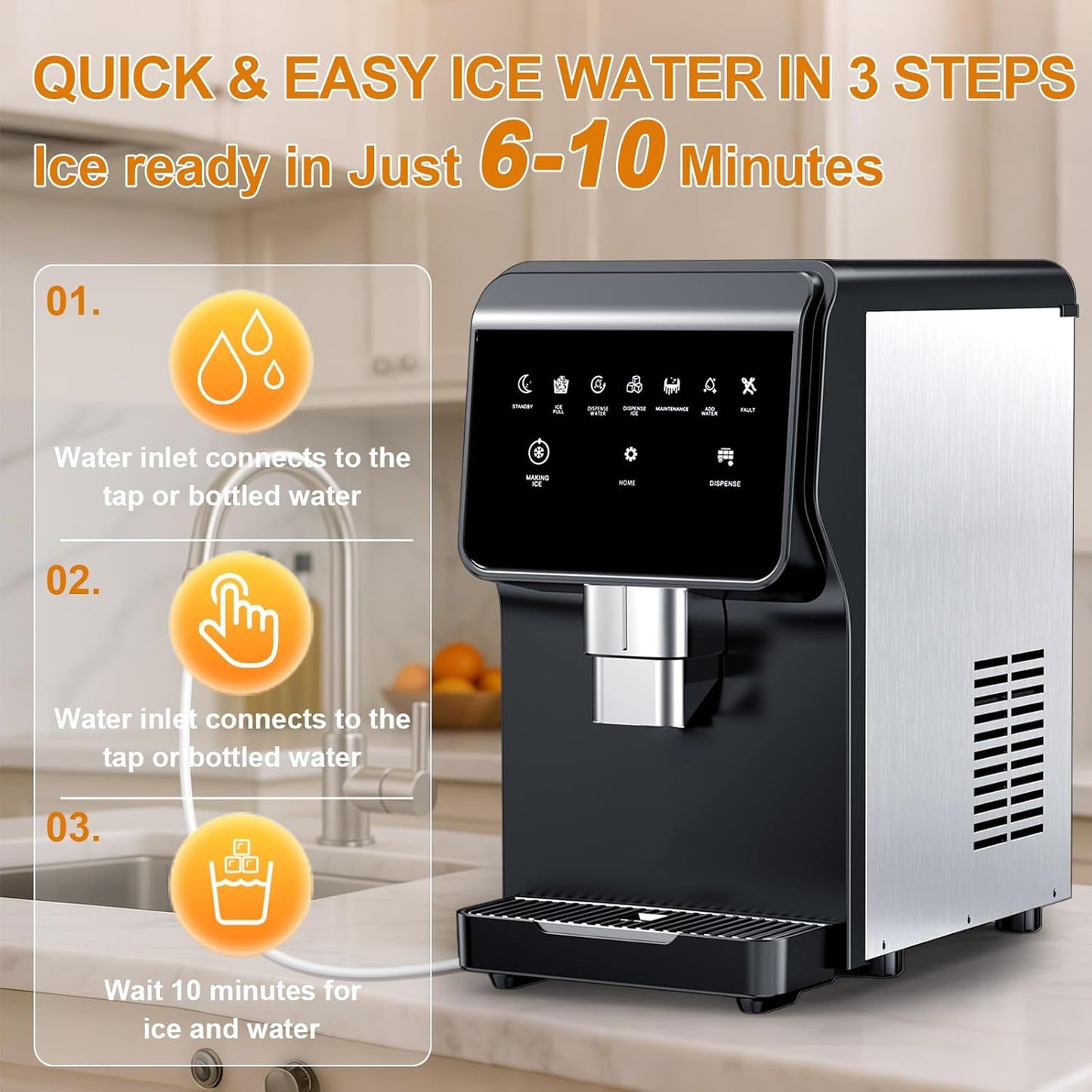 Undercounter Nugget Ice Maker with Water Dispenser – 50 lbs/Day, 5 lbs Bin, Soft Chewable Ice Machine, Self-Cleaning Stainless Steel Ice Maker for Home, Kitchen, Bar, Office