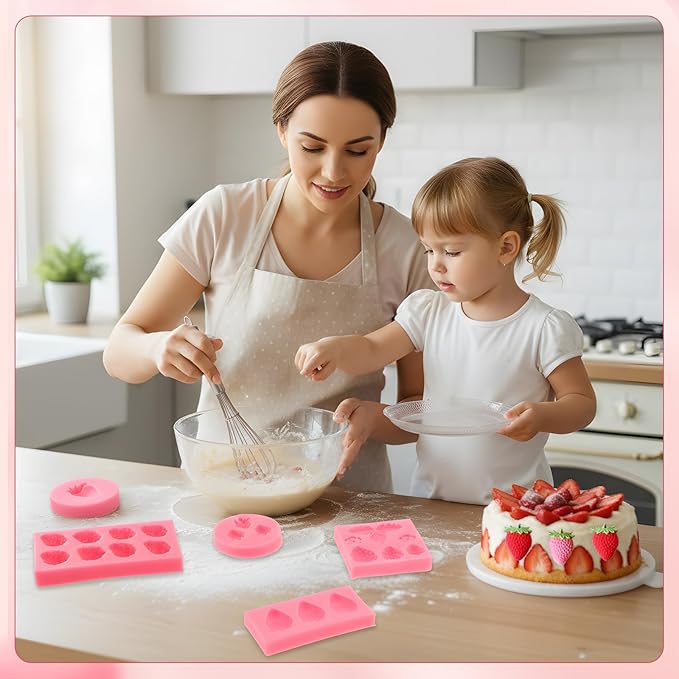 Pimoys 5 Pcs Strawberry Silicone Mold Strawberry Candle Molds Silicone Moulds for Wax Melt Cake Chocolate Mold Birthday Wedding Cake Decoration