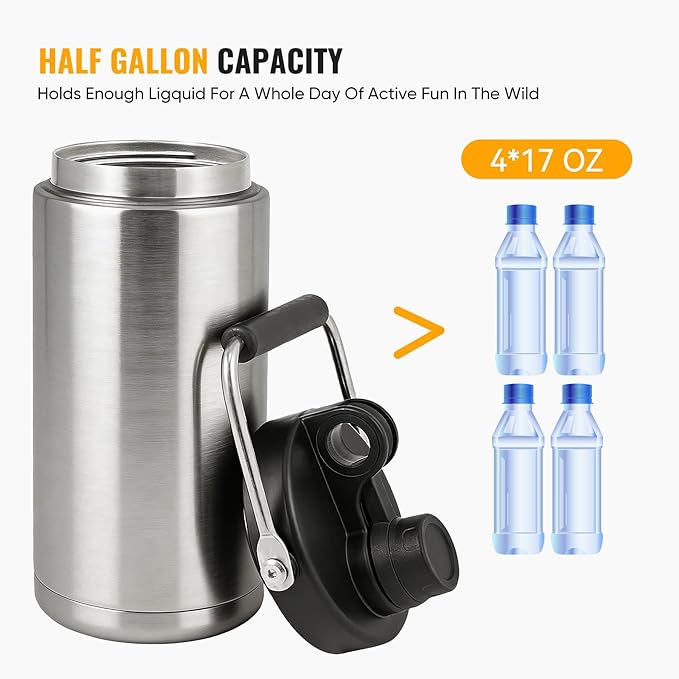 Kerilyn Insulated Half Gallon Jug with Handle, 64oz Stainless Steel, Large Double Vacuum Water Bottle for Hot & Cold Drinks, Wide Mouth, Sweat Proof, Great for Travel, Camping, Black