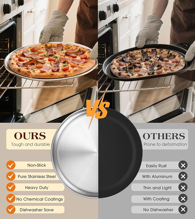 Yuiicaov Stainless Steel Pizza Pan 14 inch, Pizza Pan for Oven, Steel Pizza Tray, Thick Round Pizza Plate Pizza Baking Sheet, Easy Clean & Dishwasher Safe, Set of 1