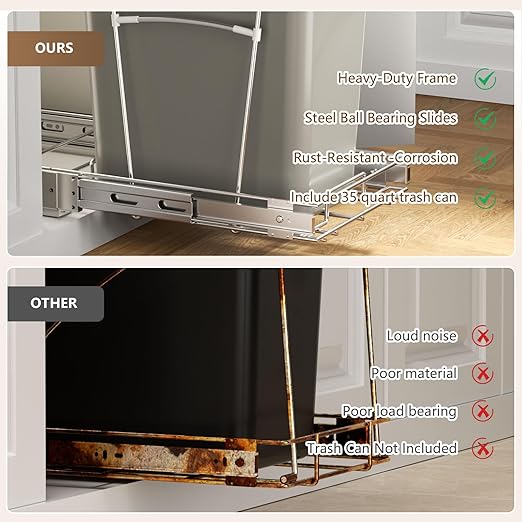 Pull Out Trash Can for Kitchen Cabinets, Under Sink Garbage Bin with 35 Qt / 8.75 Gal can, Full Extension Slides, Heavy-Duty Steel Frame Requires Minimum 13" W x 22" D Cabinet Opening