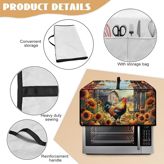 Toaster Oven Dust Cover Dustproof Smart Oven Air Fryer Microwave Cover with Pockets, Electric Appliance Protector Fall Home Decor, L, Chicken Rooster Sunflower Pumpkin Butterfly