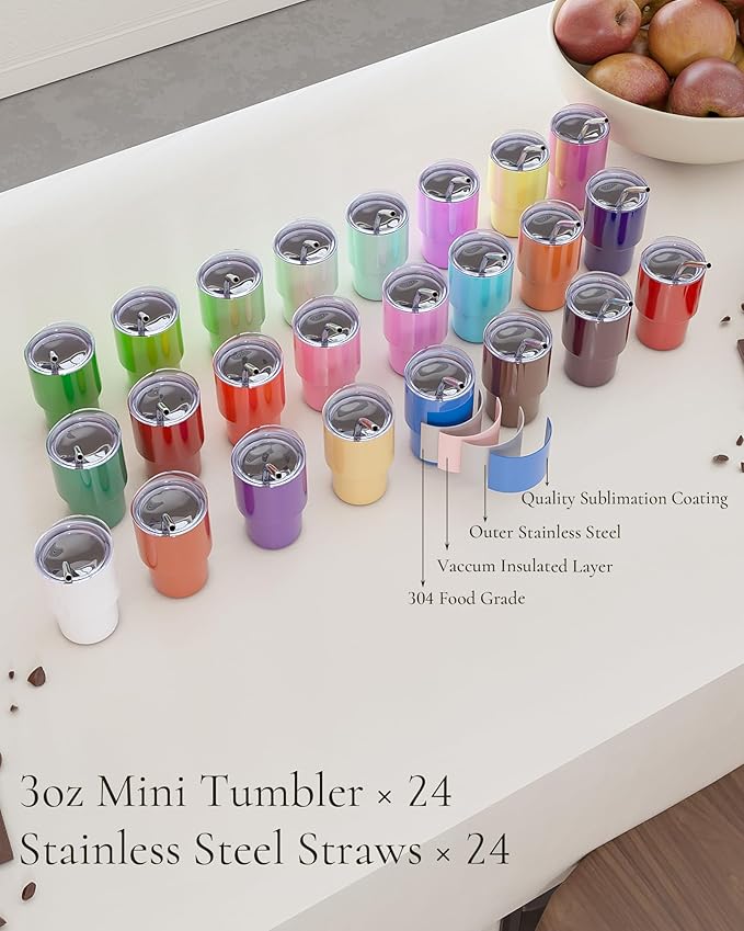3oz Mini Tumbler Shot Glass with Straw and Lid, 24 Pack Stainless Steel Sublimation Shot Glasses for Wedding Party Whiskey Cocktail Bar with Straw and Lid