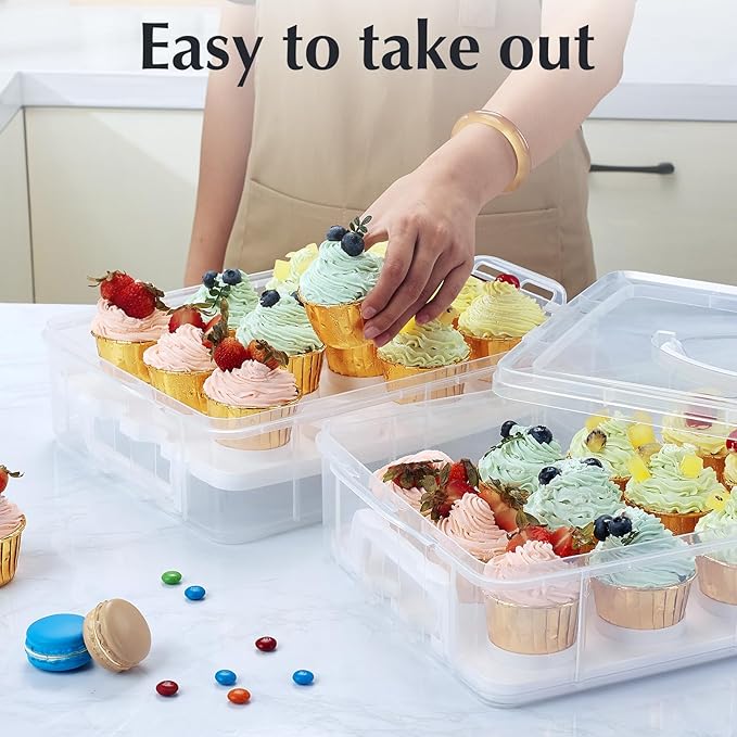 Gencywe Plastic Cupcake Carrier 24 Count, 2-Layer Cupcake Holder Carries with Lid & Handles, Cookie, Cake, Cupcake and Brownie Storage Carrier, Reusable Cupcake Box