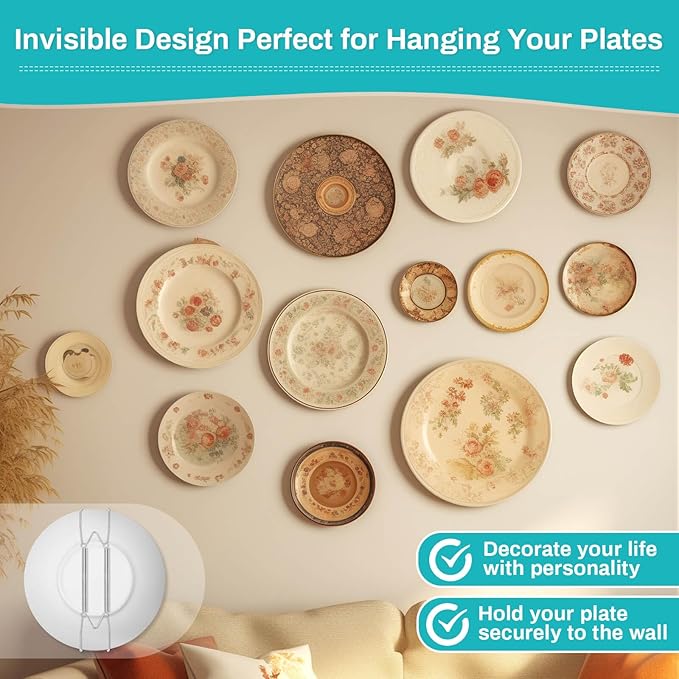 14 pcs Plate Hangers for The Wall, 4/6/8/10/12 Inch Invisible Decorative Wall Plate Hangers, Stainless Steel Plates Walls Hanger for Display Various Sizes with Hooks for Decorative