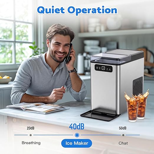 Nugget Ice Maker Countertop,Pellet Ice Machine Chewable Ice 40Lbs/Day,Ready in 5 Mins, Self-Cleaning,Compact Crushed Ice Maker with Scoop for Home/Kitchen/Office, Stainless Steel