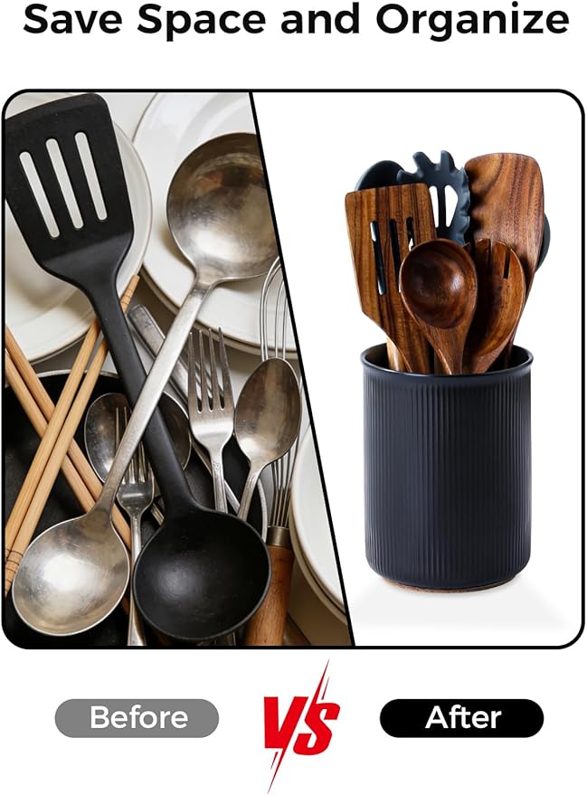 LoeJan Utensil Holder, Extra Large Utensil Crock, Stable Ceramic Utensil Organizer, Cooking Tool Organizer Set for Kitchen Counter Farmhouse Décor, Matte Black
