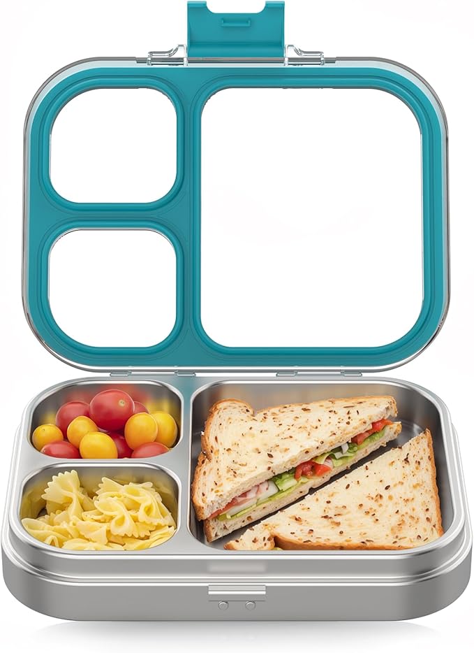HOMEKOL Stainless Steel Bento Lunch Box, 3-Compartment Leak-Proof Lunch Container for Kids & Adults, BPA/BPS-Free 304 Metal Food Box, Dishwasher Safe, Clear Tritan Lid, Blue (Not Insulated)