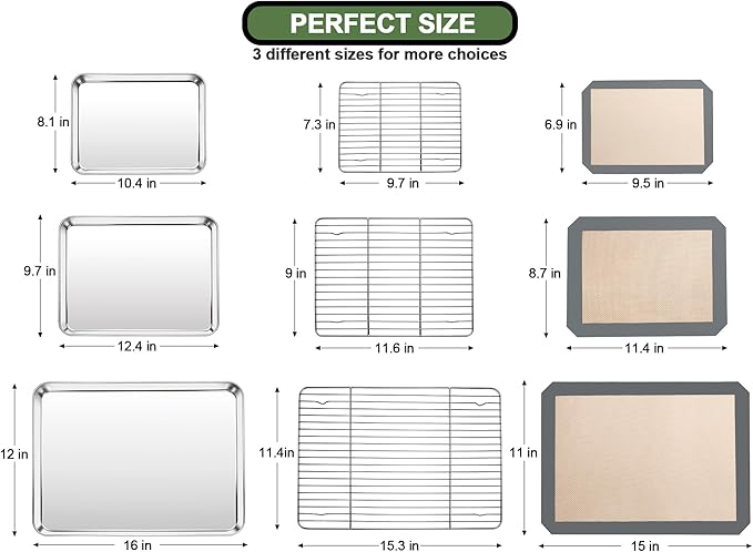 Baking Sheet Tray Cooling Rack with Silicone Mat Set, Stainless Steel Cookie Pan For Oven, Set of 9 (3 Sheets + 3 Racks Mats), Warp Resistant & Heavy Duty & Easy Clean, Grey