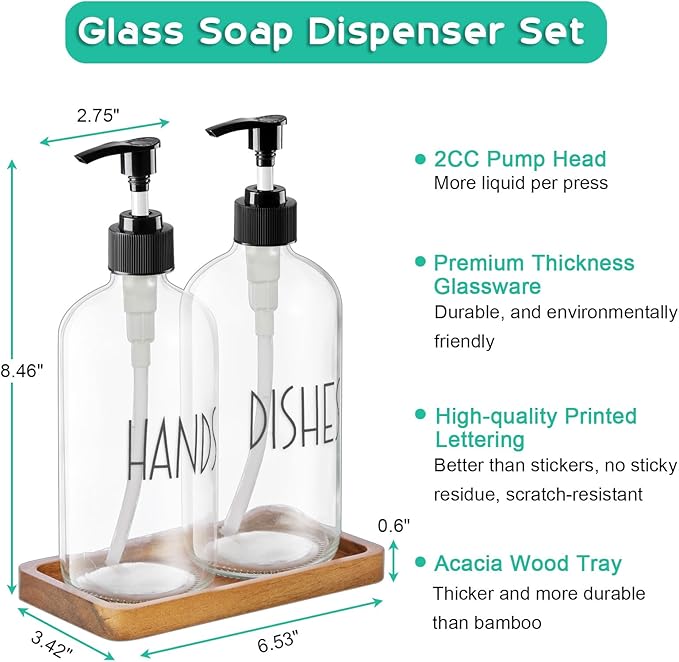 ALELION Glass Soap Dispenser with Pump - 16 OZ Clear Dish and Hand Soap Dispenser Set with Acacia Wood Tray for Kitchen Bathroom - Modern Liquid Pump Bottles