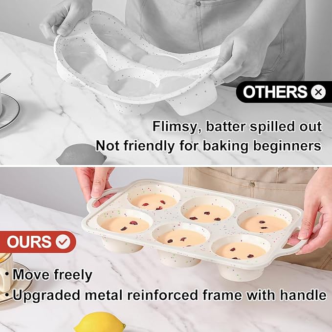 Jumbo Muffin Pan, Metal Reinforced Frame 3.5 inch Large Silicone Cupcake Pan 6 cups Large Muffin Pan with Handle Nonstick Jumbo Muffin Tin for Baking Giant Homemade Muffins, Cupcakes, Frittatas
