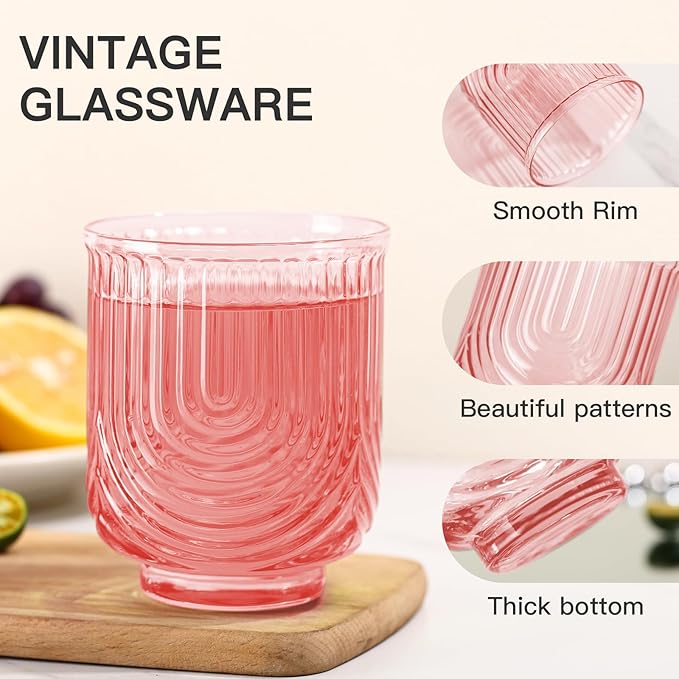 JOVGANK Pink Vintage Drinking Glasses Set of 6-14Oz Pink Glass Drinking Glasses, Art Deco Ripple Highball Glass, Whiskey Cocktail Glasses, for Bar Coffee Juice, Housewarming and Mother's Day Gift
