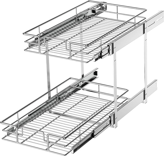 LOVMOR 2 Tier Individual Pull Out Cabinet Organizer 11"W x 21"D, Slide Out Kitchen Cabinet Storage Sliding Shelves