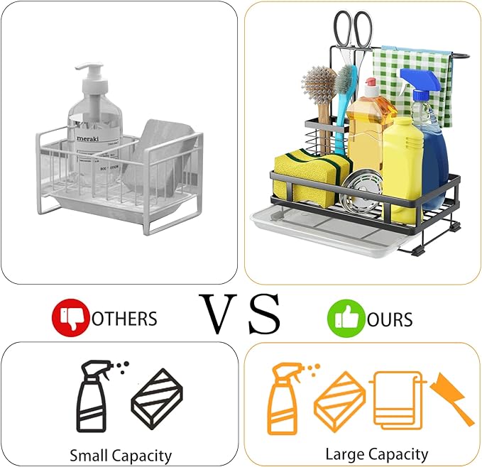 Godboat Kitchen Sink Organizer with Brush Rack, 304 Stainless Steel Dish Soap Dispenser, Sponge Holder for Kitchen Sink, Sink Caddy with Drain-Pan, Cool Kitchen Gadgets & Gifts for Women, Christmas