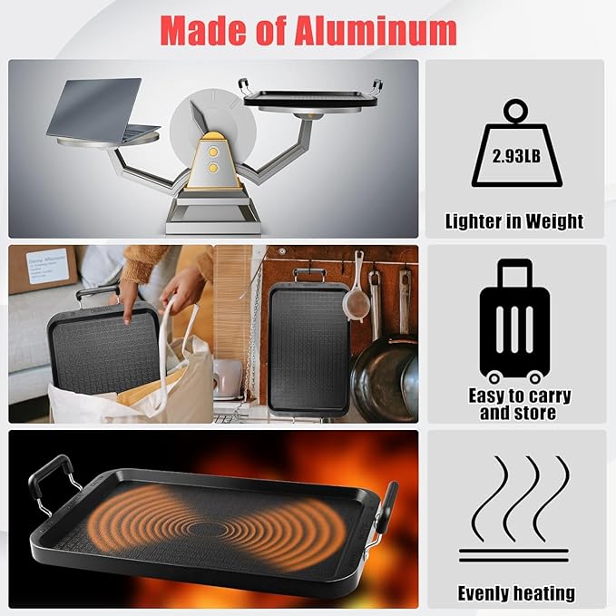 Vayepro Stove Top Flat Griddle, 17 Inch 2 Burner Griddle Pan for Stove Top Grill, Aluminum Pancake pan, Non-Stick Charcoal Grill For Outdoor/Camping