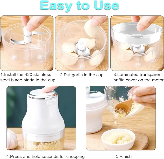 2Pcs 250ML Electric Garlic Chopper, Mini Portable Veggie Chopper, Garlic Grinder Masher Onion Chopper, Blender to Vegetable, Wireless Food Processor for Ginger, Chili, Fruit, Meat, etc