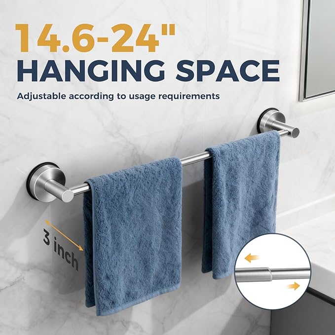 14.6inch~24inch Towel Racks for Bathroom,Adjustable Suction Cup Towel Bar for Bathroom Wall,Stainless Steel Bath Towel Holder for Shower,2 Pack(Brushed Silver)