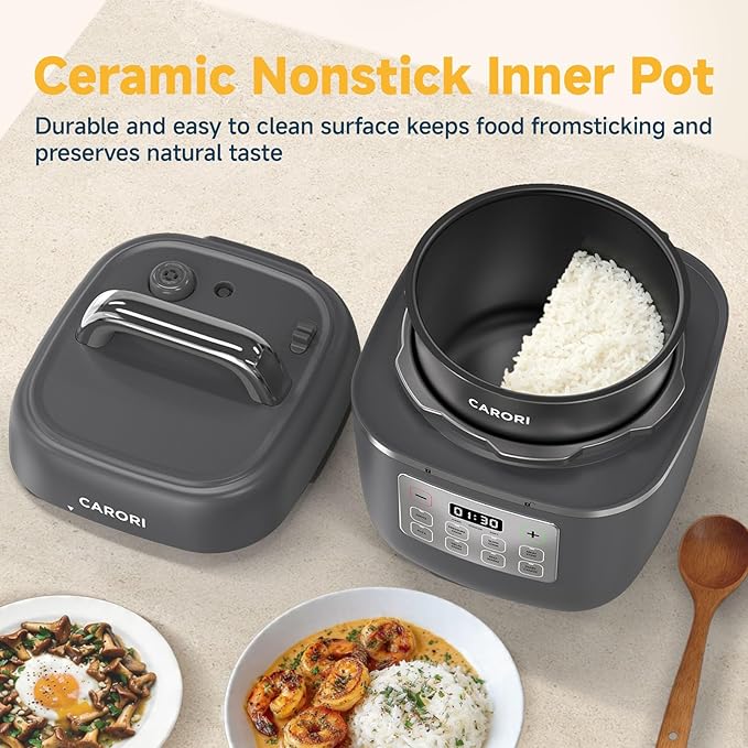 3QT Electric Pressure Cooker, 8-Function Compact Multi-Cooker with Ceramic Nonstick Pot – Saute, Pressure Cook, Slow Cook, Meat Stew, Rice, Delay Start, Keep Warm & Safe Venting, Gray