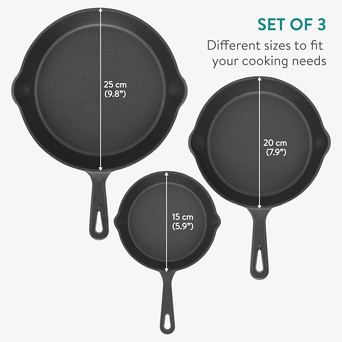 Navaris Cast Iron Skillet - 6/8/10 inch(15/20/25cm) Pre-Seasoned Frying Pan, Pour Spouts, for Oven, Stovetop, Grill & Campfire, Non-Toxic, Heavy-Duty, Even-Heating Cookware