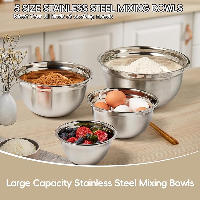 WEPSEN Mixing Bowls Set, 25PCS Khaki Mixing Bowls With Lids Set Stainless Steel Kitchen Large Nesting Metal Bowl 7QT to 1.5QT, Measuring Cups and Spoons for Prepping Cooking Serving
