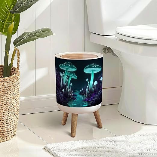 Trash Can with Lid Fantasy Dark Forest Green Glowing Mushrooms Press Top Round Small Garbage Bin with Wooden Legs Waste Basket for Kitchen Bedroom Nursery 7L/1.8 Gallon