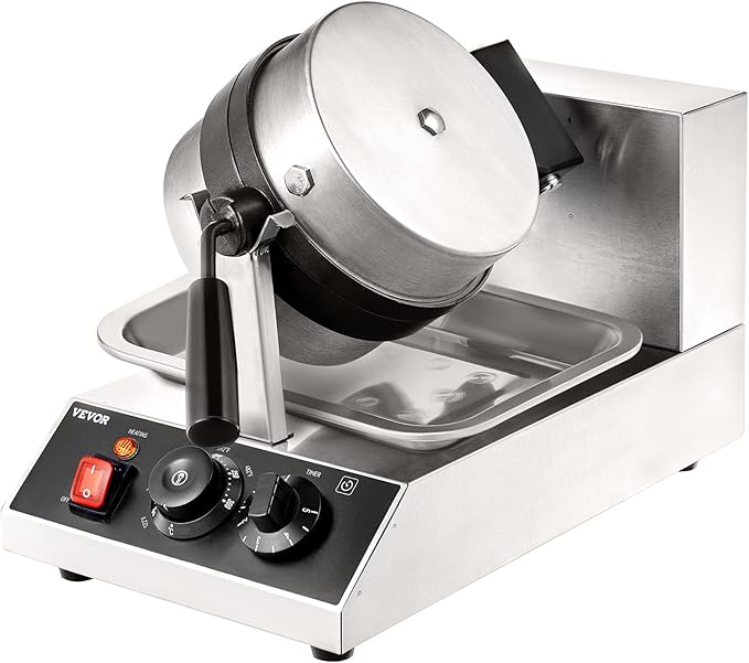 VEVOR Commercial Waffle Maker, 1 Piece per Batch, 1300W Round Waffle Iron, Non-Stick Waffle Baker Machine with 122-572℉ / 50-300℃ Temp Range Teflon-Coated Baking Pans Stainless Steel Body, 120V