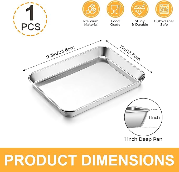 Onader Baking Sheet Pan Tray, Stainless Steel Small Baking Cookie Sheets, 9 x 7 Inch Mini Toaster Oven Trays, Food-Grade Durable Mirror Finish & Dishwasher Safe, 1-Pack