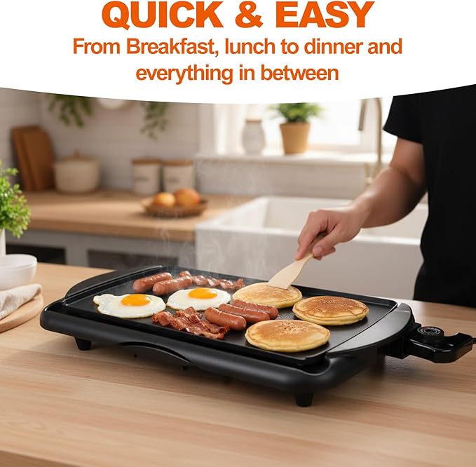 20" Electric Griddle, Ceramic Non-Stick Baking Pan Attemperation Griddle, 1400W Family-Sized Electric Skillet Extra Large Surface and Adjustable Temperature, Slide-Out Drip Tray, Black