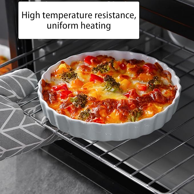 FEOOWV White Round Porcelain Quiche Pan -Non-Stick- Perfect for Baking Tart Pies and Chicken Pot Pie-Dishwasher,Dish Microwave and Oven Safe (7inch)
