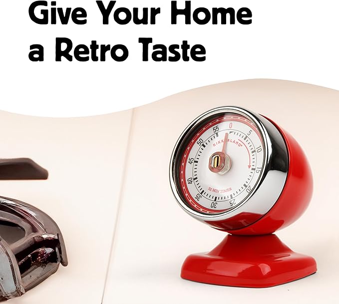 Kikkerland Vintage Streamline Timer – Retro Decor for Home & Kitchen – Windup Timekeeper in Red