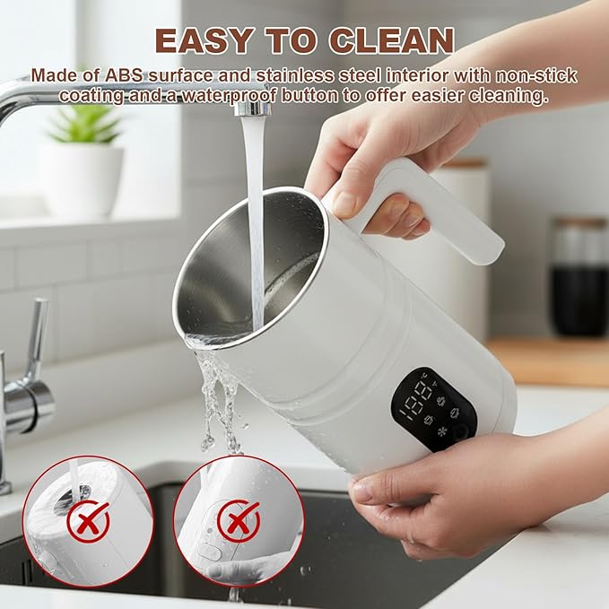 4 in 1 Electric Milk Frother Automatic Hot & Cold Foam Maker Auto Shut-Off Durable Stainless Steel Milk Frother Silent Working Easy to Clean for Hot Chocolate (White-With Digital Display)