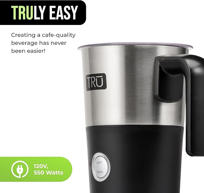 TRU Electric Milk Frother - Foam Maker for Lattes, Cappuccinos, Iced Coffee & More - One-Touch Operation & Precision Spout - Hot & Cold Milk Frother with Automatic Shut-Off - 10 Oz