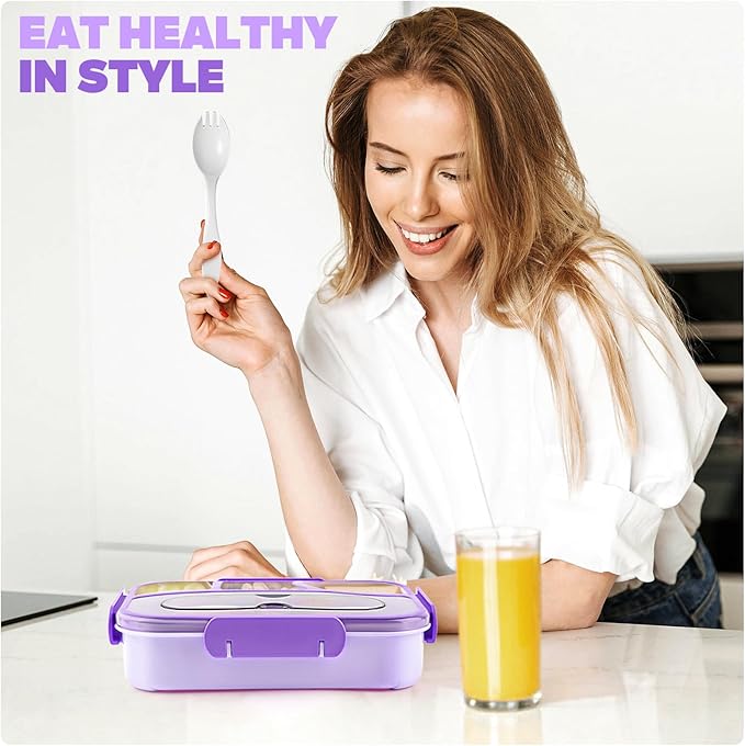 EASYFUN Bento Box Adult, Lunch Box, 4-Compartment Lunch Containers, Drop-Proof, Dishwasher Safe & Made with BPA-Free Materials (Purple)