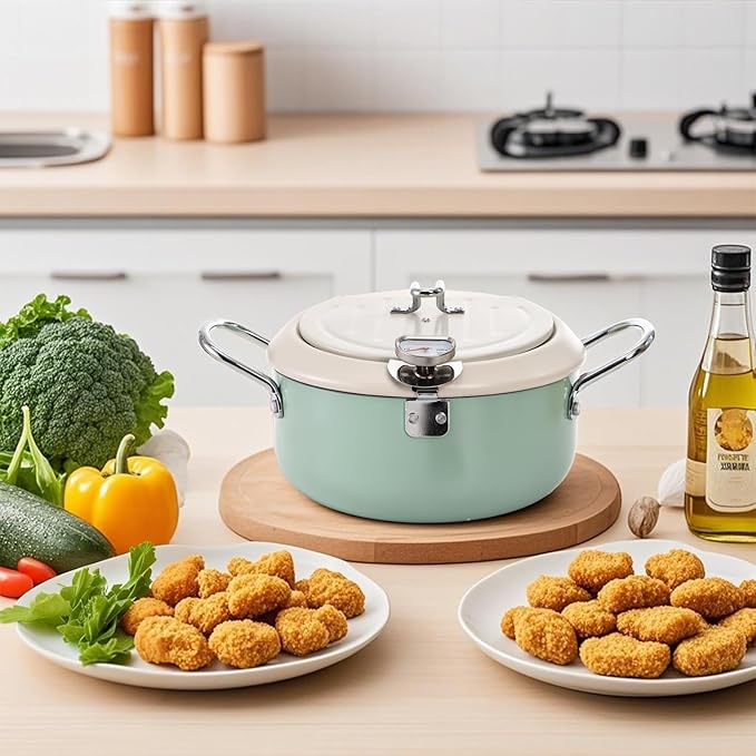 ZOOFOX Deep Fryer Pot with Thermometer, Japanese Frying Pot with Lid and Oil Drain Rack, Non-stick Tempura Fryer Pan for Kitchen French Fries, Chicken, Seafood