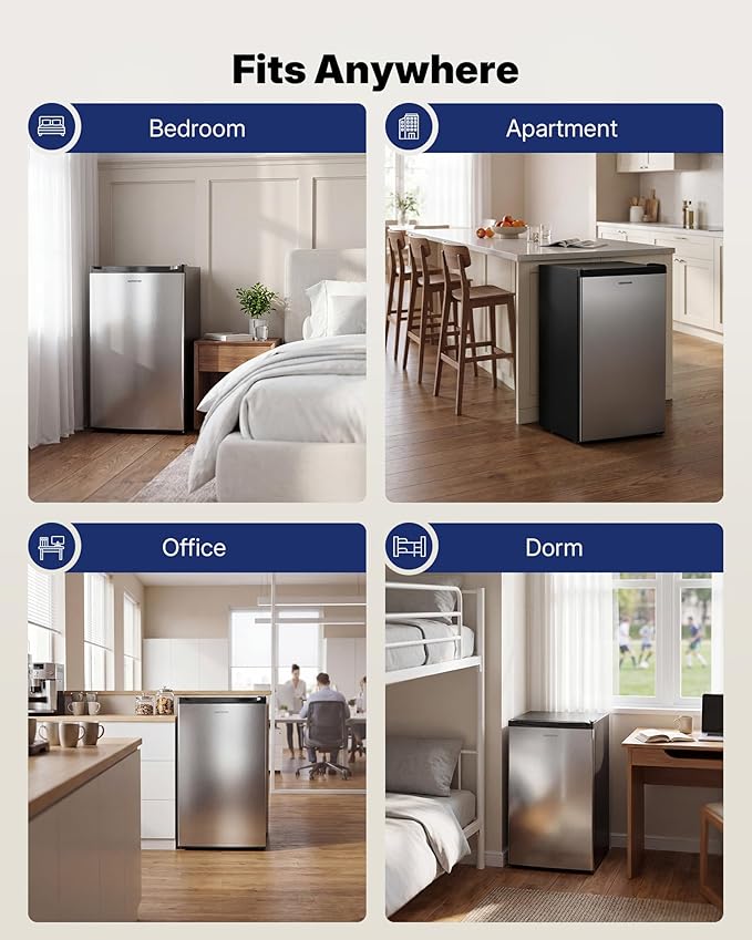Upstreman 3.2 Cu.Ft Mini Fridge with Freezer, Single Door Compact Refrigerator, Adjustable Thermostat, Small Refrigerator for Dorm, Bedroom, Office, Stainless Steel-SR321