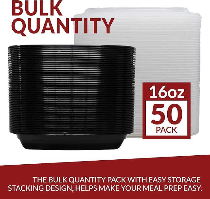 Reli. Meal Prep Containers, 16 oz. | 50 Pack | 1 Compartment Food Container w/Lids | Microwavable Food Storage Containers/To Go | Black Reusable Bento Box/Lunch Box for Meal Prep
