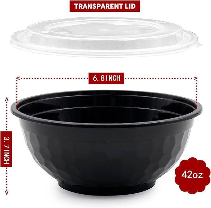 POPMISOLER 150 Pcs Stackable Meal Prep Bowl Containers,42 OZ Food Takeout Bowls Reusable,Black Disposable With Lids,Microwavable Dishwasher Safe Leak Resistant for Noodle Soup,Salads& Ramen (42oz)