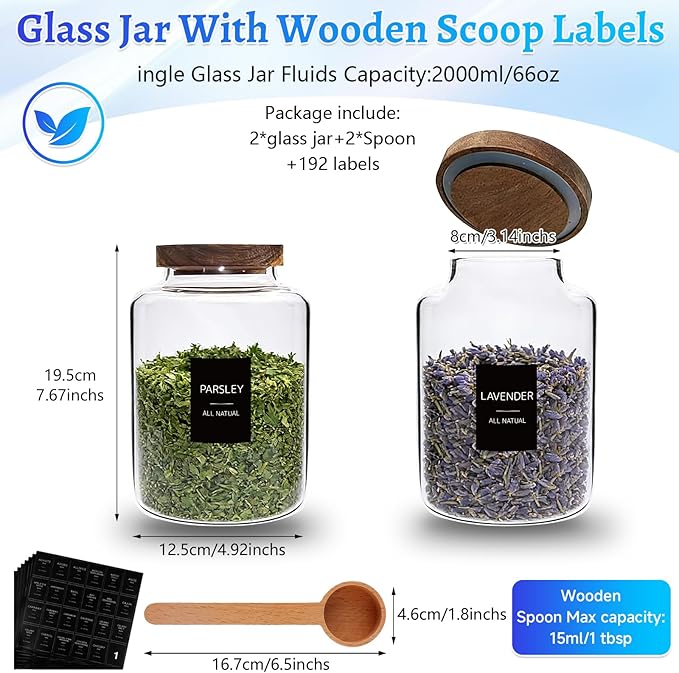 66oz Large Glass Storage Jar with Wooden Lids Spoons Labels Glass Coffee Ground Canister Borosilicate Glass Sugar Flour Container for Cookies Spice Rice Tea(2000ml/67oz-2 pack-with scoop)