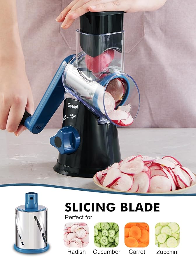 Geedel Rotary Cheese Grater, Kitchen Mandoline Vegetable Slicer with 3 Interchangeable Blades, Easy to Clean Grater and Vegetable Chopper, Onion Chopper Pro Food Chopper, Kitchen Slicer