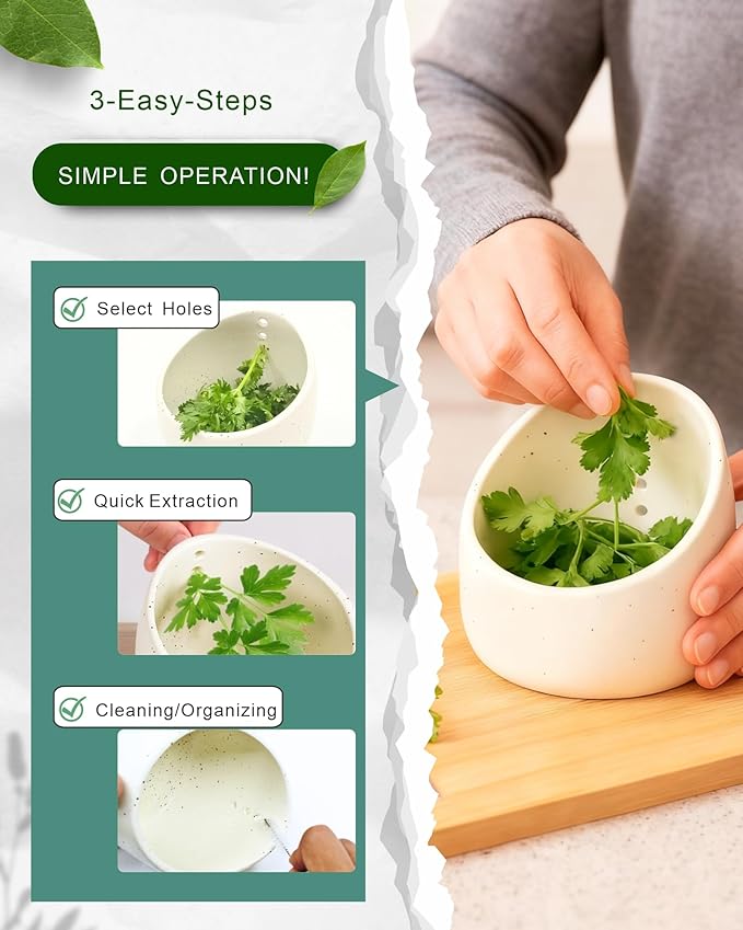 Handmade Ceramic Herb Stripper Bowl – Pottery Leaf Peeling Tool for Herbs & Greens, Multifunction Kitchen Gadget for Quick Herb Stripping & Grinding (Jade Green)
