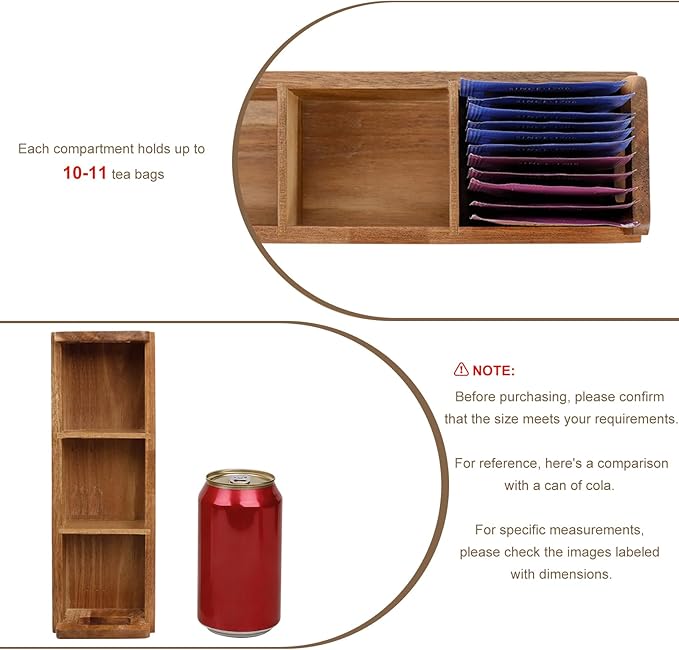 HTB Small Tea Bag Box Wooden, 3 Compartments Acacia Wood Tea Bag Chest with Handle, Mini Countertop Divided Storage Container for Beverage Supplies, Sugar, Sweeteners, Individual Packets