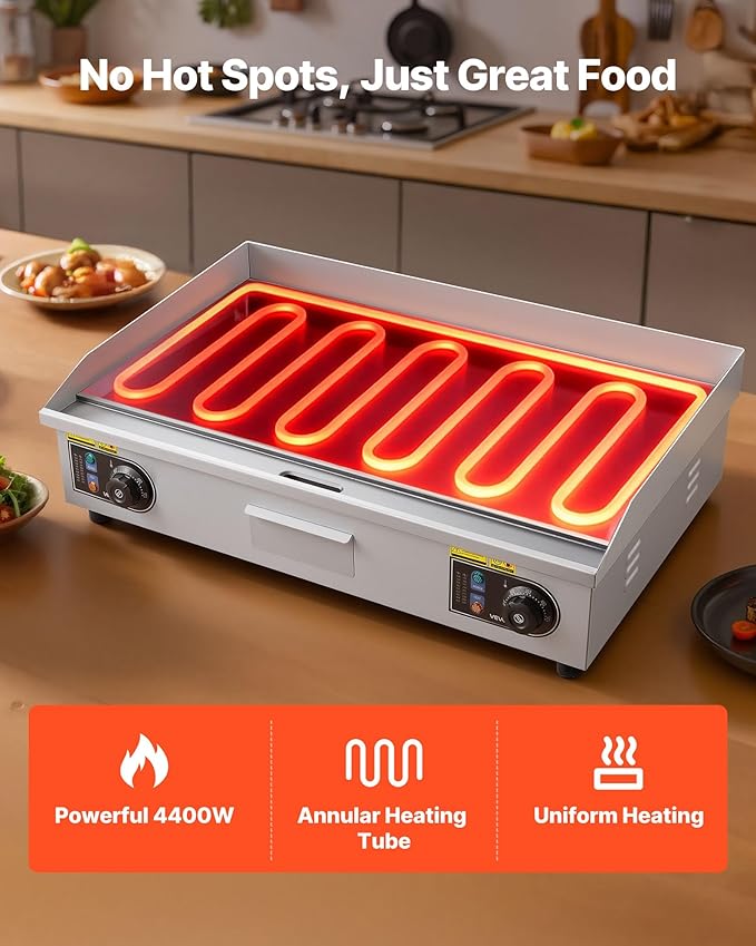 VEVOR Commercial Electric Griddle, 28.54 x 15.75 in, 4400W, 122-570°F Adjustable Temp Control, Stainless Steel Countertop Full Flat Top Grill with 2 Spatulas, 2 Brushes, for Steak, Pancake(NO PLUG)