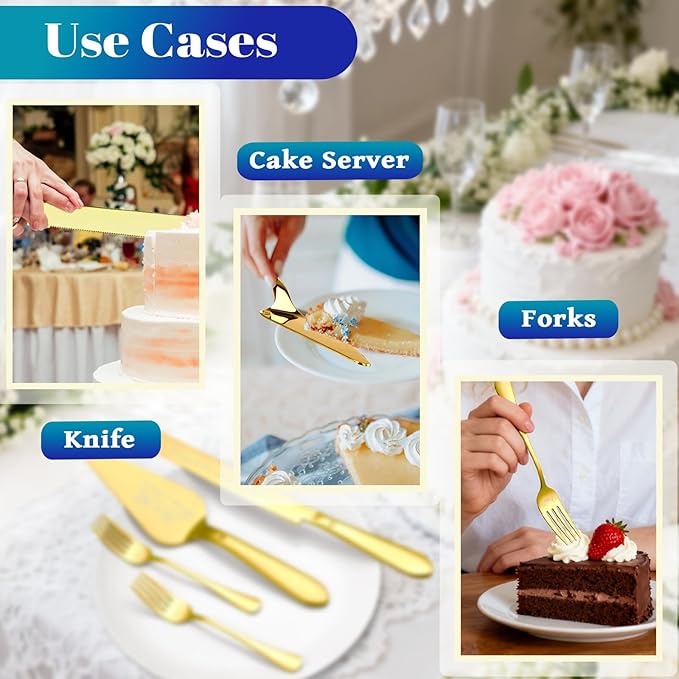 Eisinly Cake Cutting Set for Wedding, Elegant Cake Knife and Server Set with Stainless Steel Forks, Cake Cutter and Pie Spatula for Engagements, Anniversary, Bride and Groom, 4Pcs, Gold