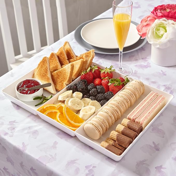 US Acrylic Avant White Plastic Divided Serving Trays (Set of 3) 15” x 10” | Large Reusable 3-Section Party Platters | Serve Appetizers, Fruit, Veggies, & Desserts | BPA-Free & Made in USA